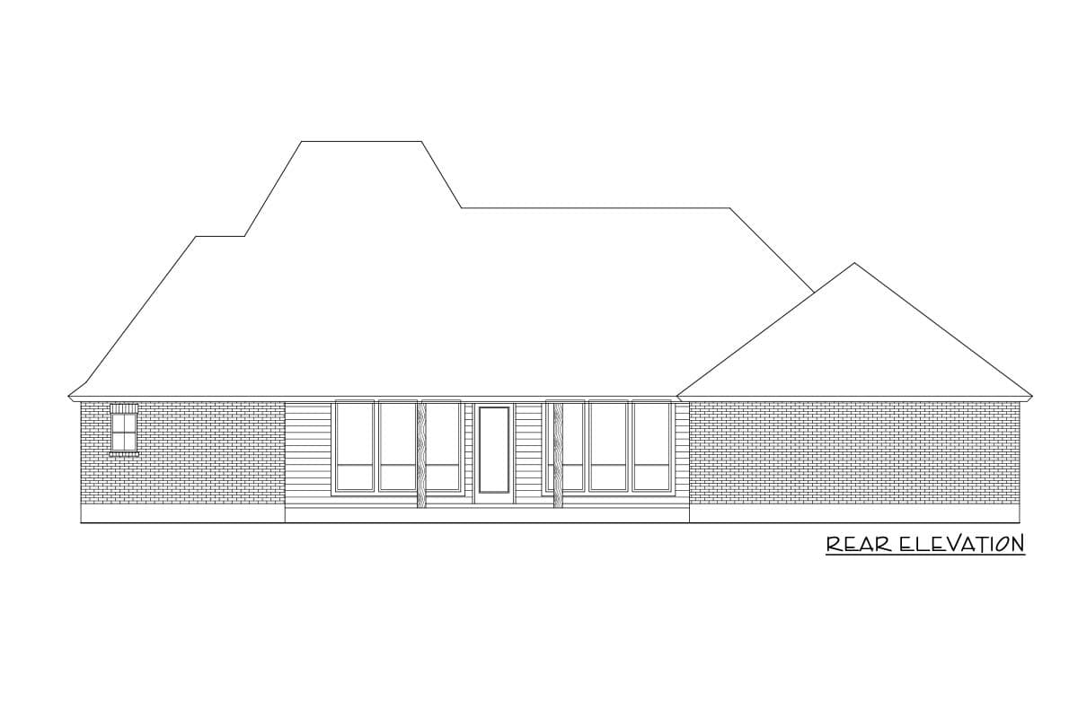 Rear elevation house plan with brick and horizontal siding, a gabled roof, and multiple windows.
