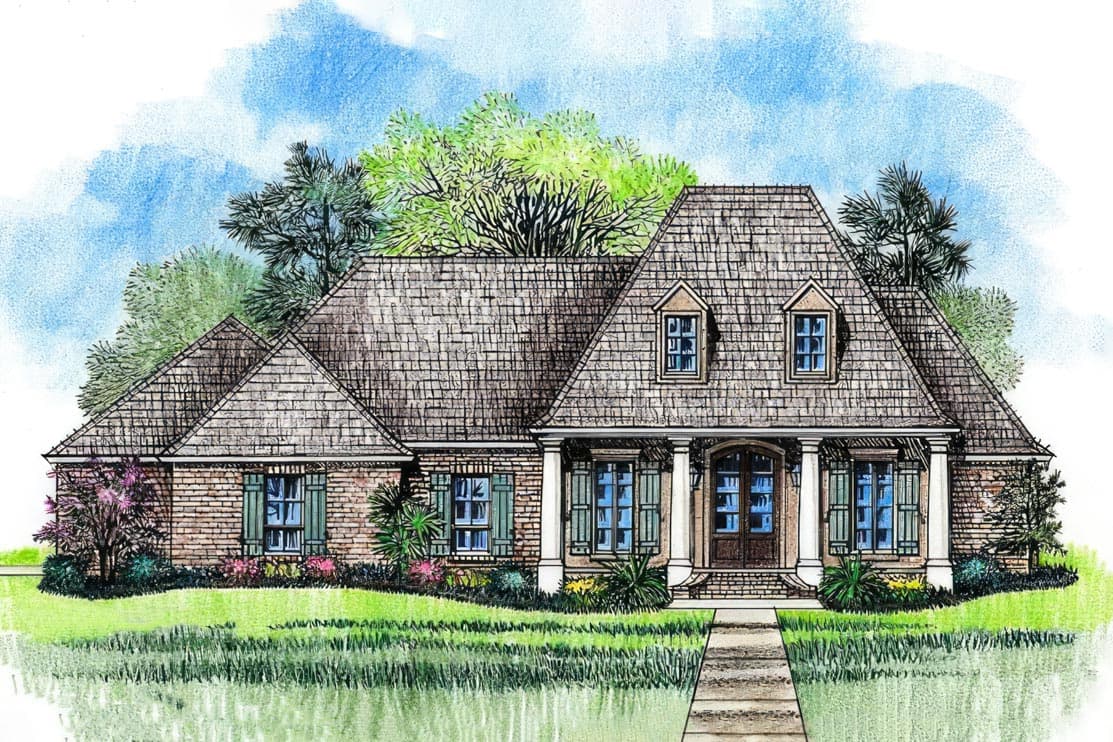 House plan exterior: Brick home with hip roof, dormers, covered porch, and shutters.