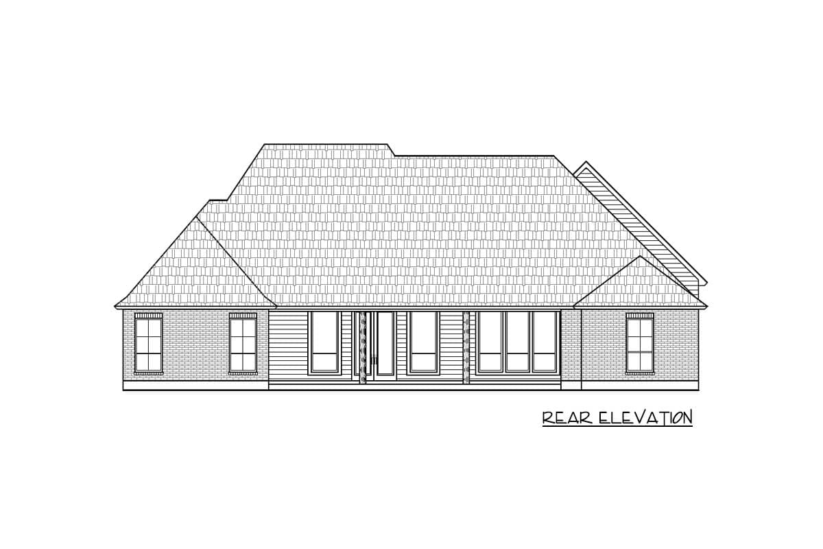 Rear elevation of a house plan featuring a complex roofline, large windows, brick accents, and horizontal siding.