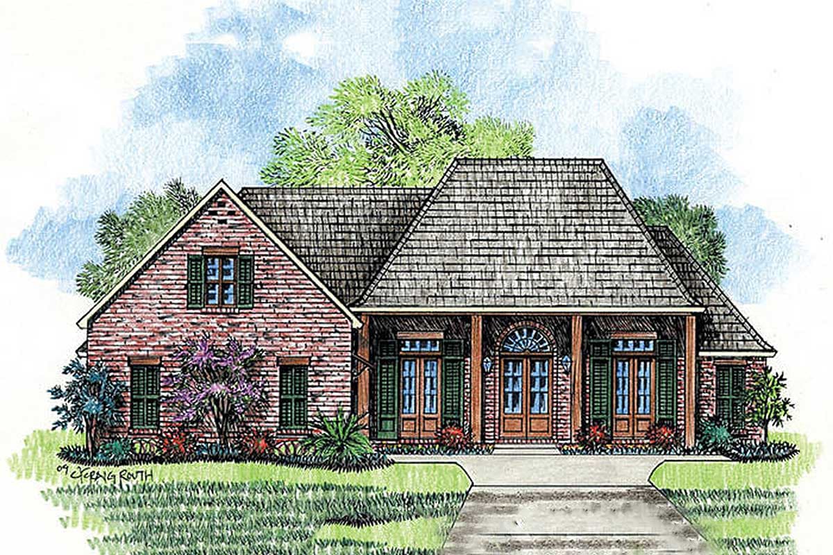 House plan exterior: Brick, one-story home with a prominent front porch, gabled dormer, and arched central entryway.