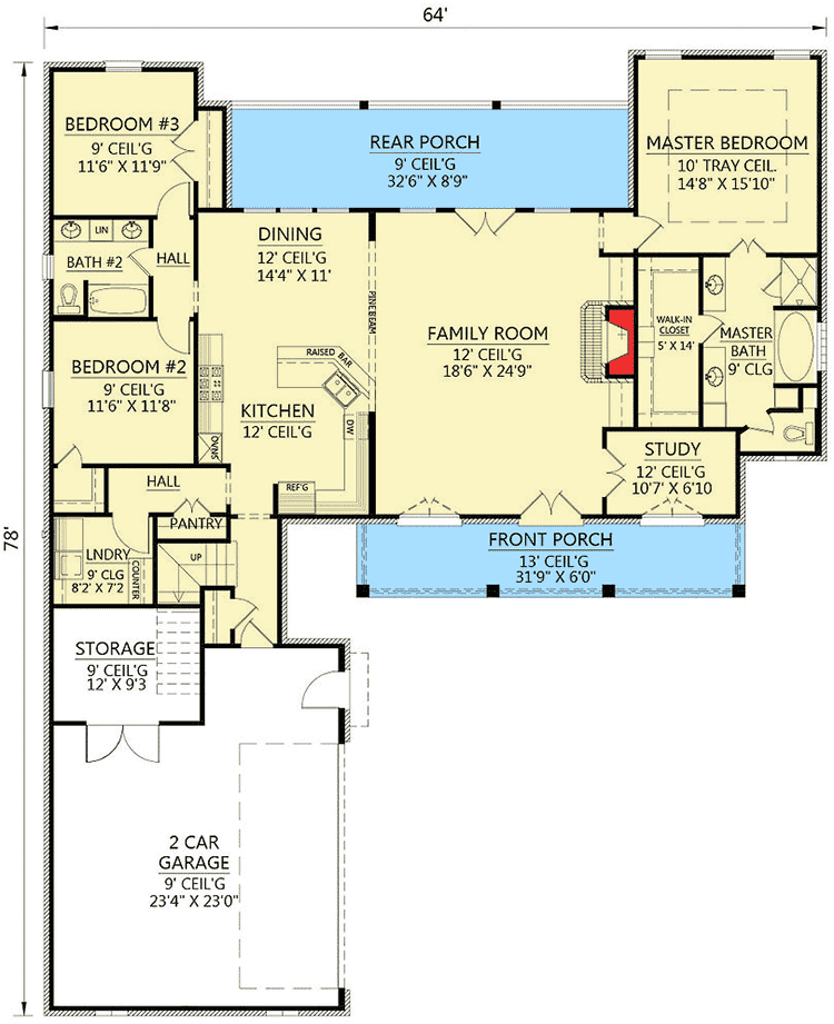 Plan 56398SM: 3 Bed Louisiana Inspired House Plan - 2163 Sq Ft - Floor Plan - Main Level - Acadian, European, French Country, Louisiana-Style