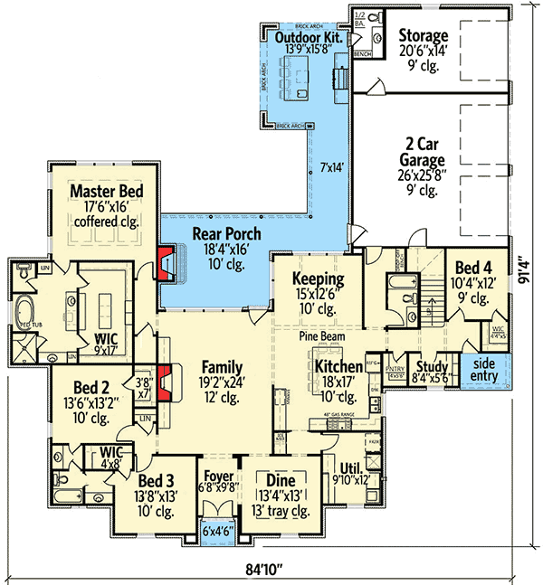 Plan 56400SM: 4 Bed French Country with Outdoor Kitchen - Floor Plan - Main Level - European, French Country, Southern