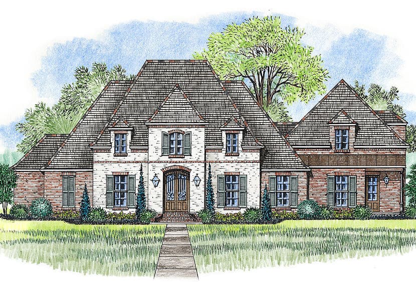 House plan exterior featuring a brick and white brick facade, multiple gables, dormers, and a prominent arched entryway.
