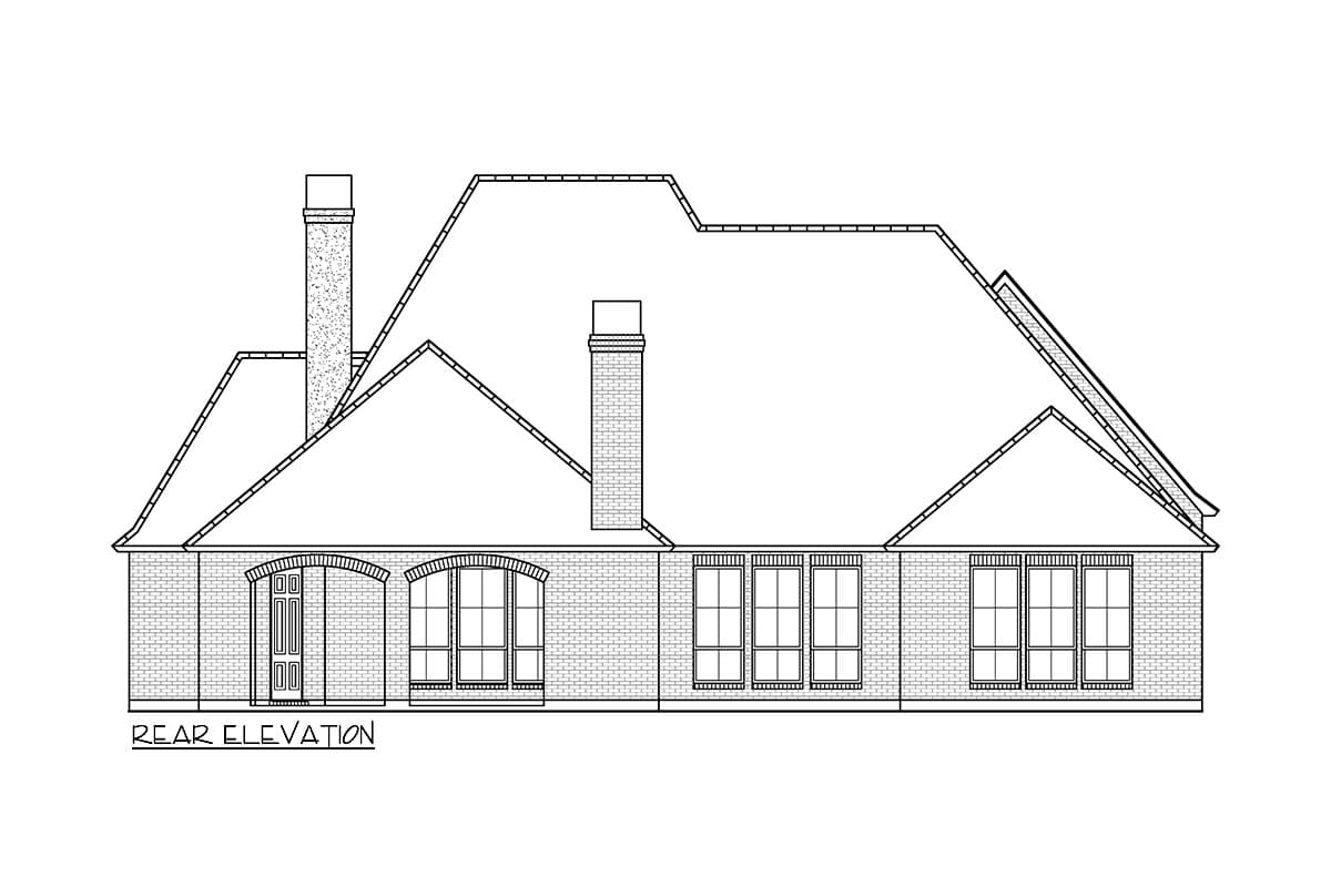 Rear elevation drawing showing a brick house with two chimneys, a steep hip roof, and arched entry with multiple windows.