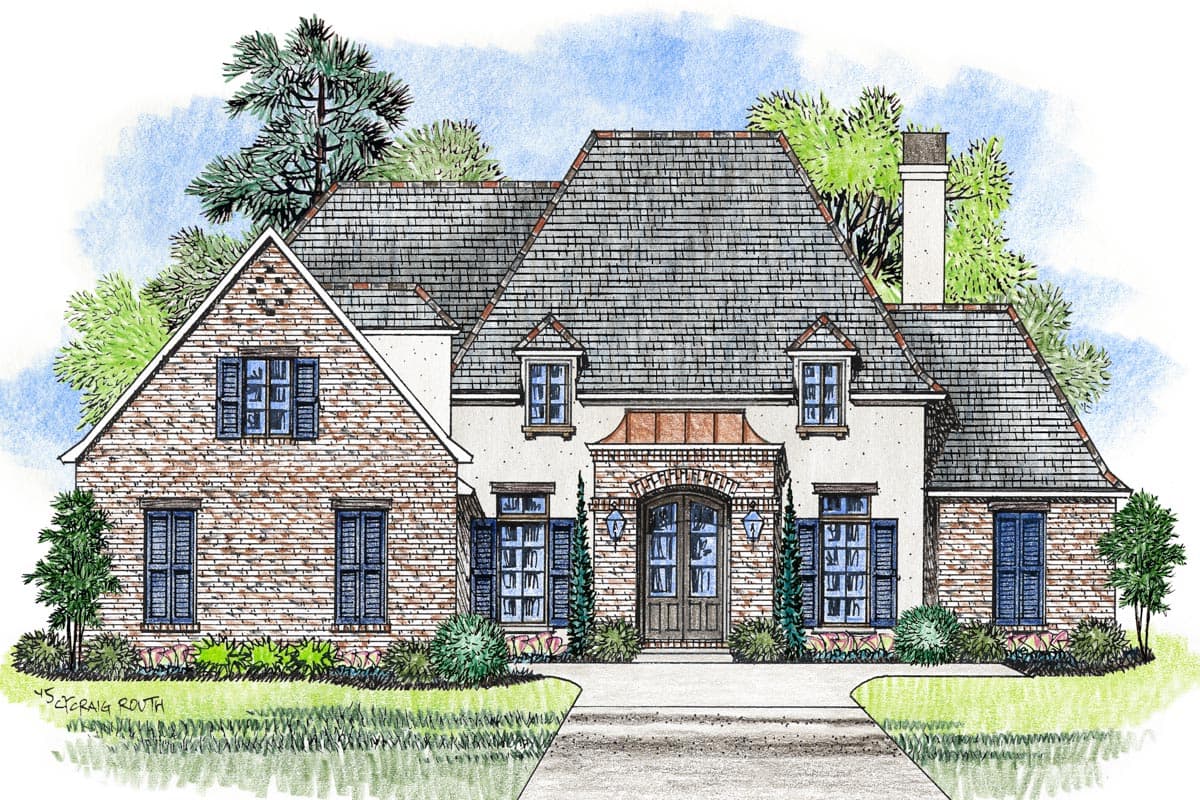 House plan exterior with brick and stucco facade, gambrel roofline, arched entry, and multiple dormers.