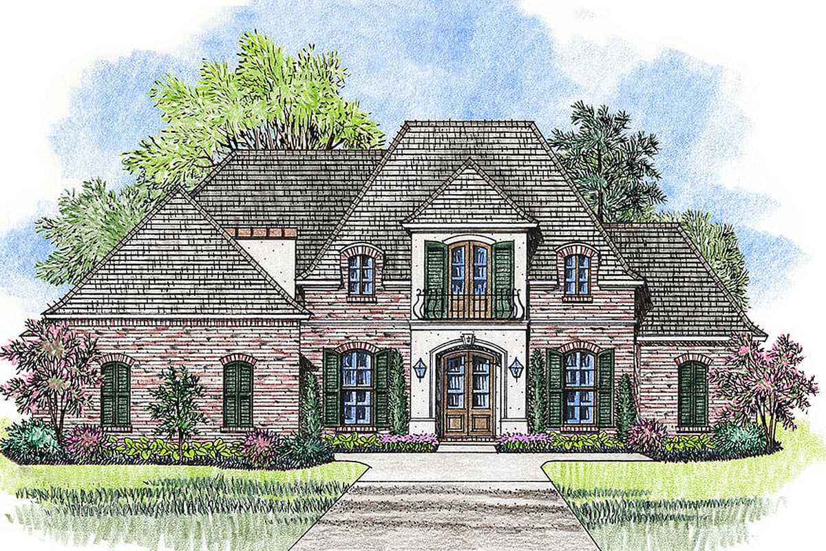 House plan exterior drawing of a two-story brick home with a steeply pitched roof, arched windows, and a central second-story balcony.