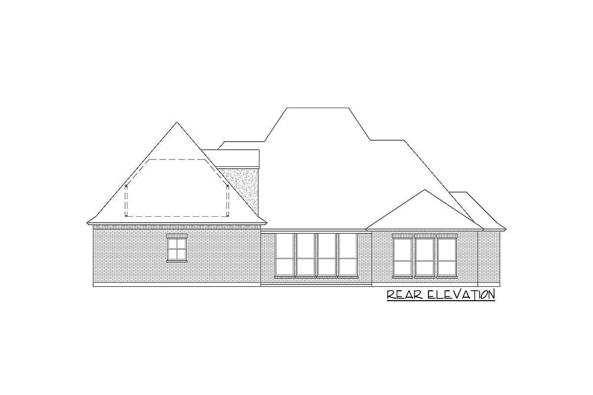 Rear elevation drawing of a house plan with a brick exterior, varied rooflines, a chimney, and multiple windows.