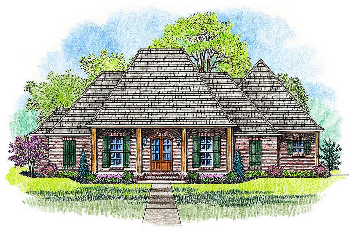 House plan exterior, one-story brick home with central covered porch, symmetrical gable rooflines, and wood double front doors.
