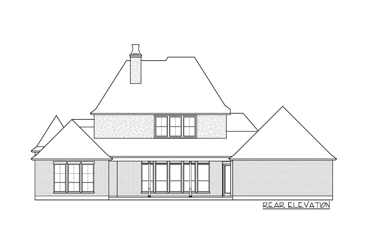 Rear elevation drawing of a two-story house plan with a prominent dormer, multiple gables, a chimney, and a covered porch with columns.