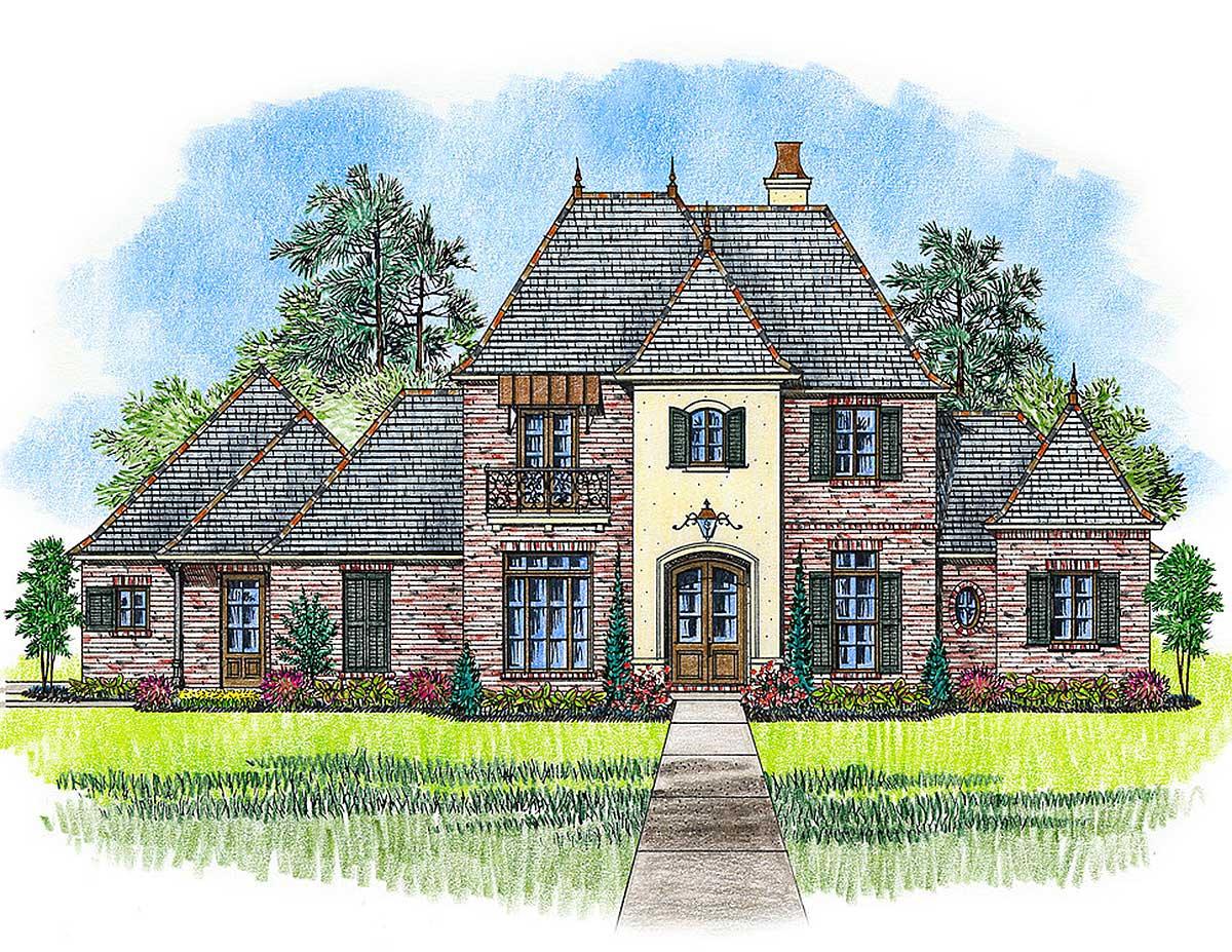 House plan exterior with brick facade, multi-gabled roof, arched entryway, and wrought-iron balcony. Two-story structure with multiple windows.