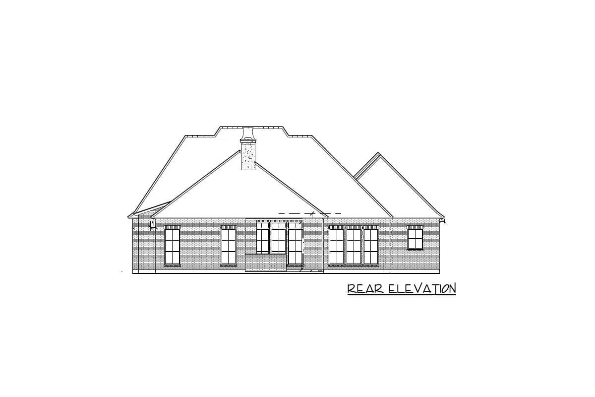 Rear elevation drawing of a one-story house plan with brick exterior, multiple windows, and a prominent roofline with gables and a chimney.