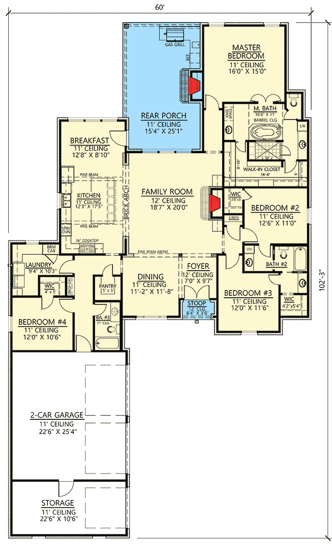 Plan 56405SM: Open Concept 4-Bed Acadian House Plan - Floor Plan - Main Level - Acadian, European, French Country, Louisiana-Style, Southern