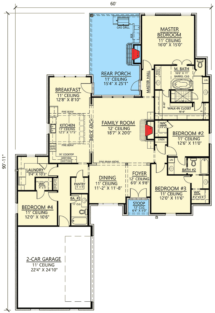 Plan 56406SM: Open Concept 4-Bed Acadian House Plan - Floor Plan - Main Level - Acadian, European, French Country, Louisiana-Style, Southern