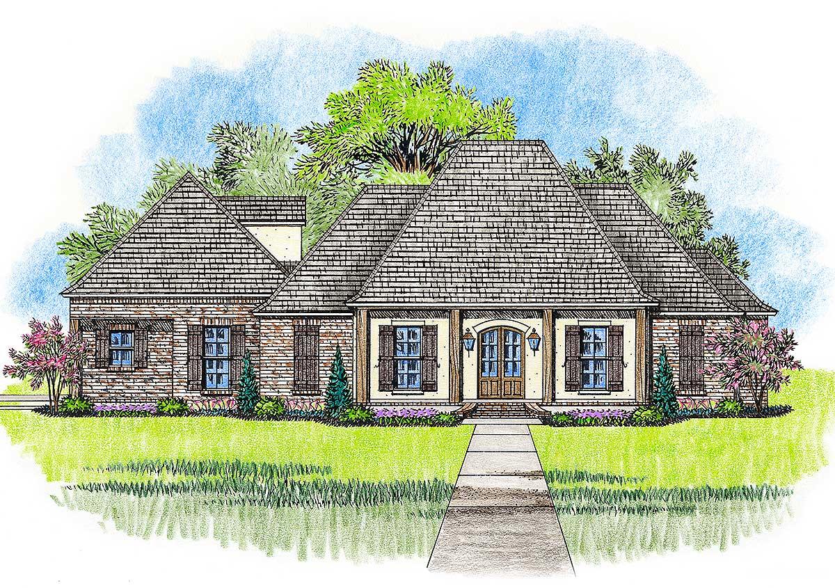 House plan exterior: one-story home with central arched double doors, covered porch with columns, brick facade, and multiple gables.