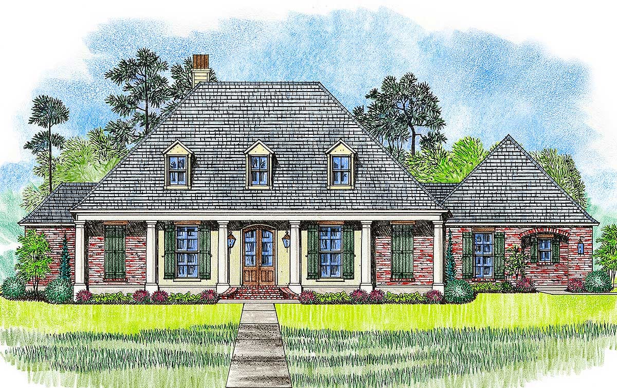 House plan exterior: One-story, brick and stucco, hipped roof with dormers, full-width covered porch with columns.