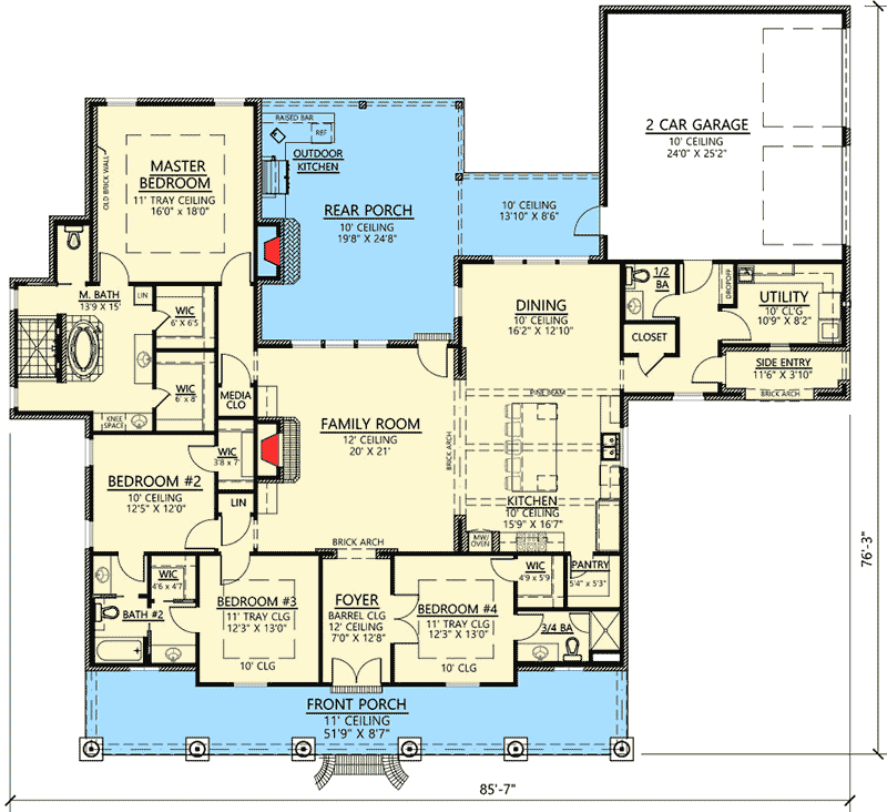 Plan 56408SM: 4 Bed Acadian with Generous Outdoor Living Space - Floor Plan - Main Level - Acadian, French Country, Louisiana-Style, Southern