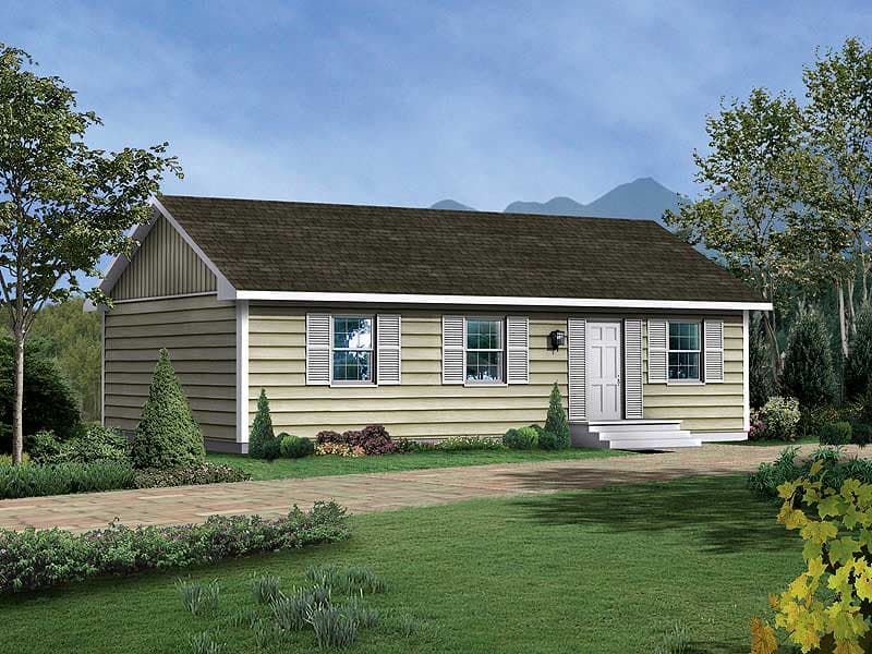 Ranch style house plan exterior, one story, with horizontal siding, gable roof, and central front entry with steps.