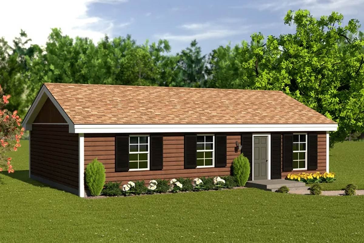House plan exterior for a one-story ranch home with brown horizontal siding, gable roof, and three windows.
