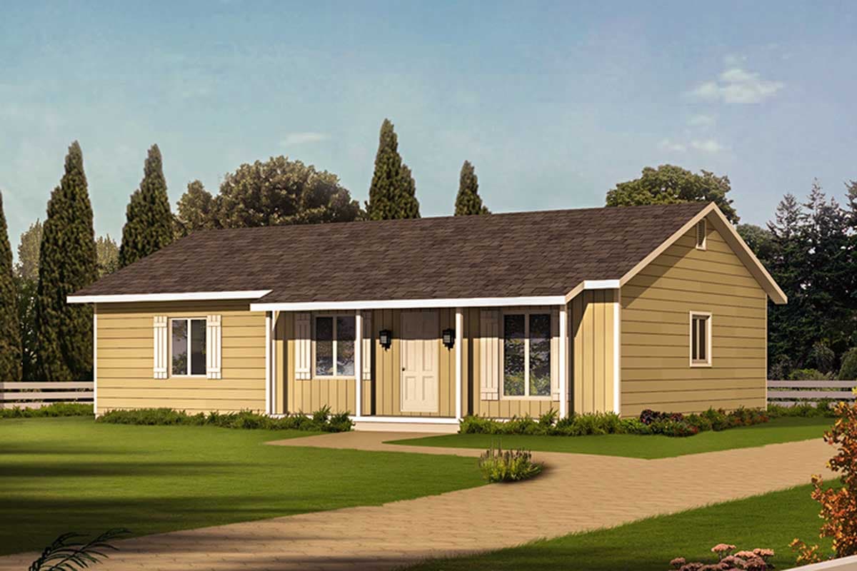 House plan exterior: One-story Ranch style home with a covered front porch, gable end, and double front door.