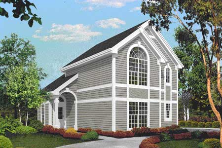House plan exterior: Two-story dwelling with arched front entrance, gable roof, and prominent arched window.