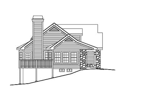 House plan exterior with stone accents, prominent chimney, large gabled dormers, and a wrap-around deck.