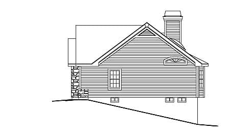 House plan exterior: Gable roof, stone foundation, grid windows, and dormer.