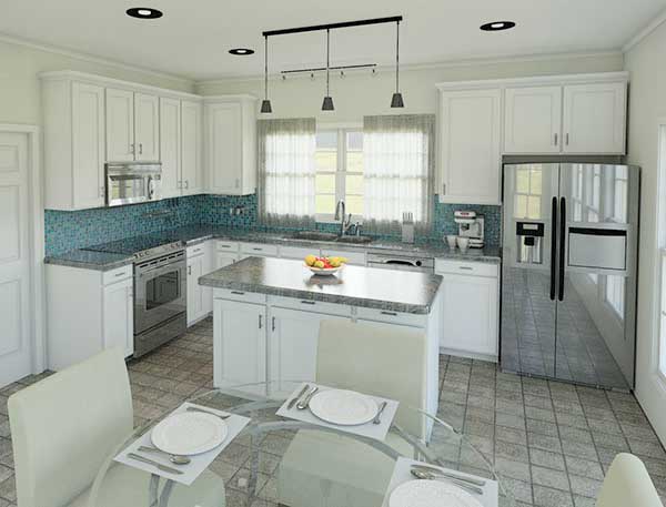 Kitchen with white cabinets, granite countertops, blue tile backsplash, island with seating, stainless steel appliances, and dining area.