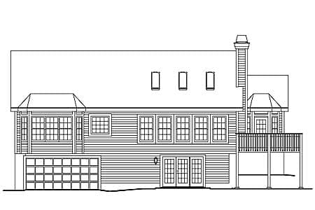 House plan exterior drawing featuring a two-story design with a side-entry garage, multiple windows, french doors, and a deck.