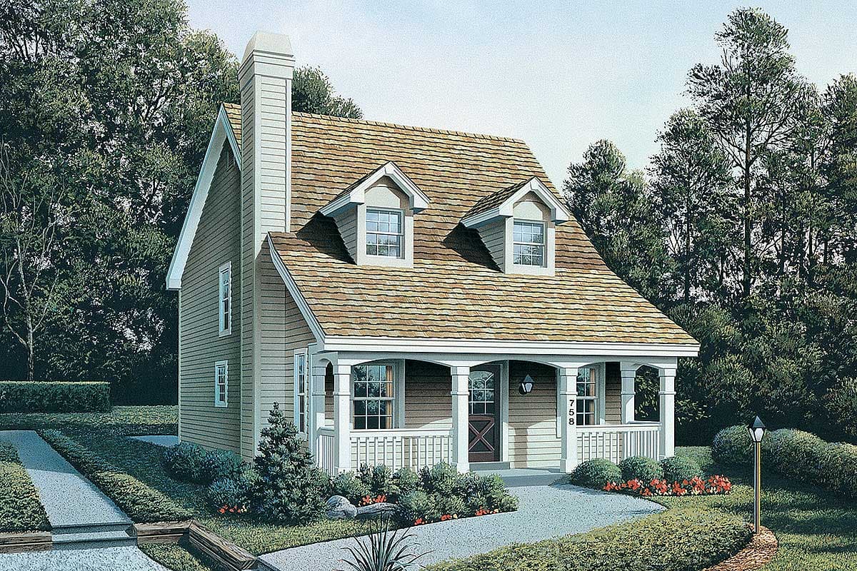 House plan exterior: Gable roof, two dormers, front porch with railing, and a prominent chimney.