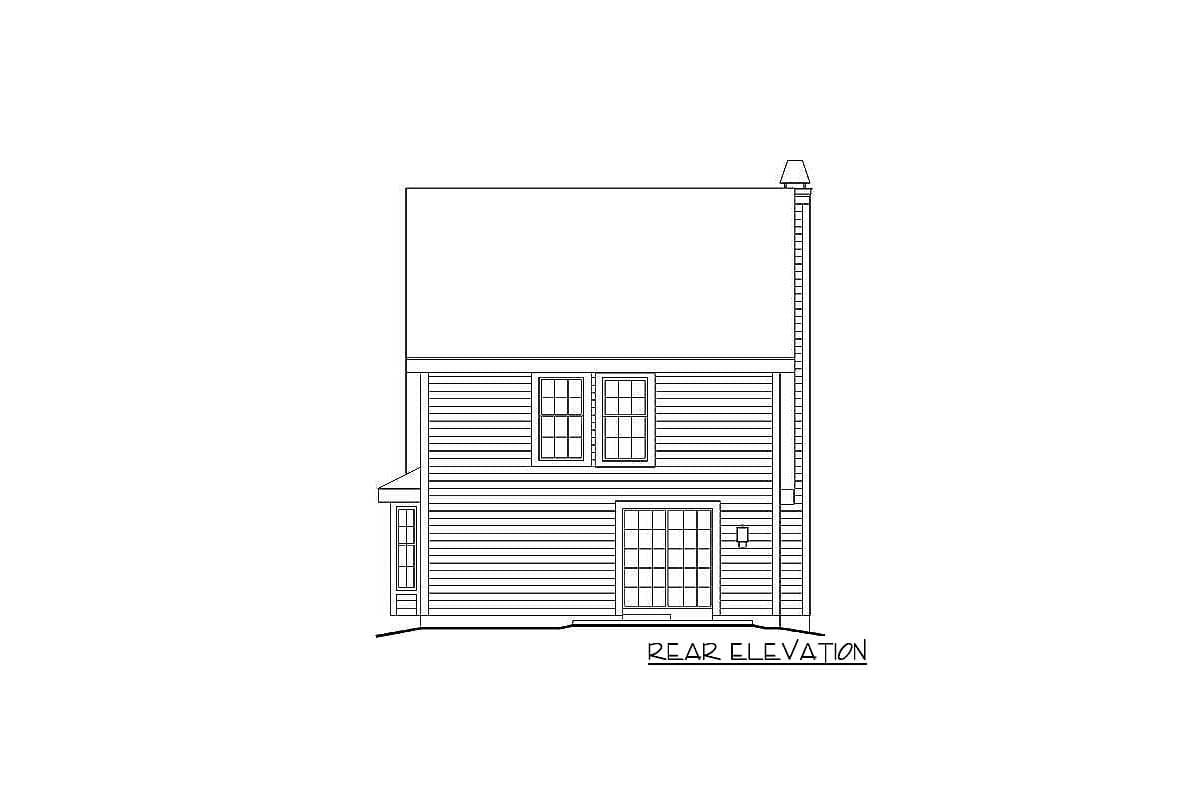 Rear elevation drawing of a house plan with horizontal siding, a chimney, and double-hung windows.