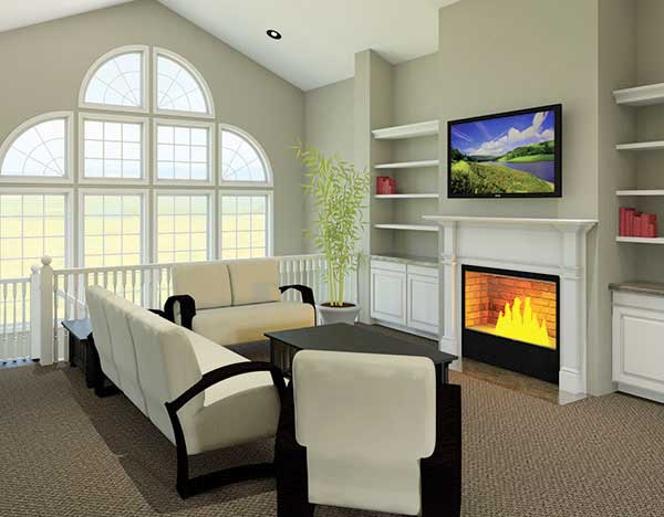 Interior rendering of a great room with a vaulted ceiling, fireplace, built-in shelving, and large arched windows.