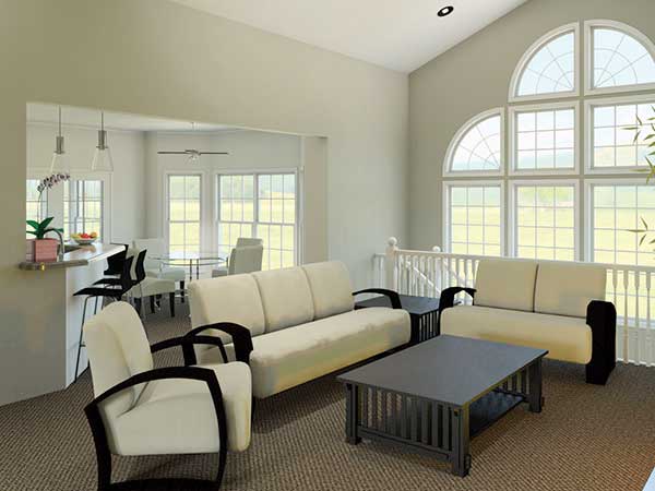 Living room with a bar, dining area, and large arched windows. Open layout with neutral furniture.