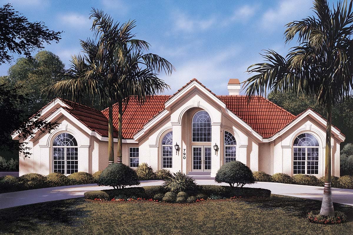 House plan exterior featuring a symmetrical facade, arched windows, tiled roof, and prominent central entrance.