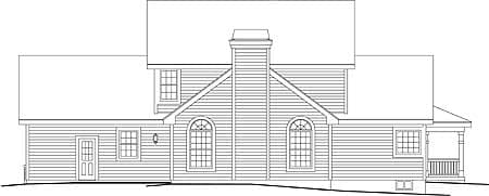 House plan exterior drawing of a two-story home with a prominent chimney, gabled roof, and a covered porch.