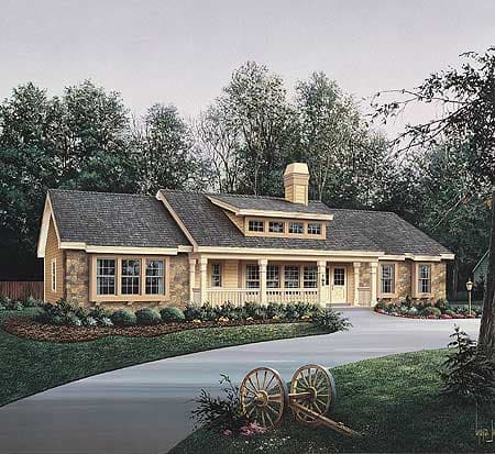 House plan exterior, one-story Ranch with stone accents, full-length covered porch, and prominent dormer.