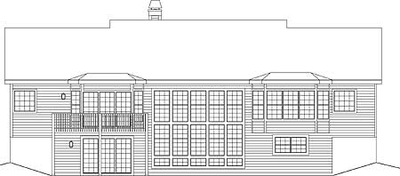 House plan rear elevation drawing showing a multi-story home with a balcony and extensive window arrangements.
