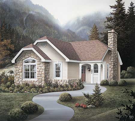 House plan exterior: One-story Cottage style with stone accents, prominent stone chimney, arched window, and covered porch with columns.
