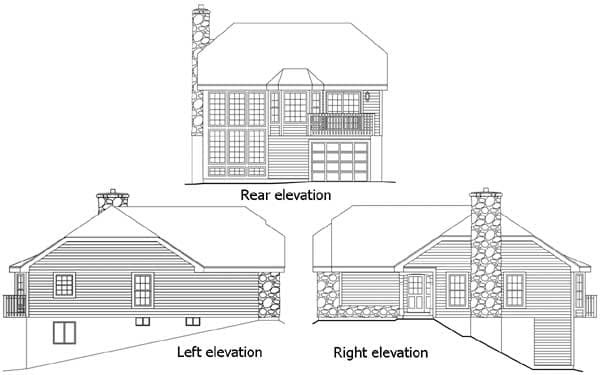 House plan elevations: Rear view shows large windows and balcony; sides show stone base, garage door, and chimney.