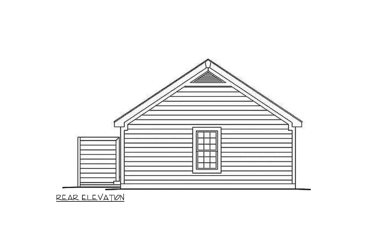 Rear elevation drawing of a house plan, showing horizontal siding, a gable roof with louvers, and a single window.