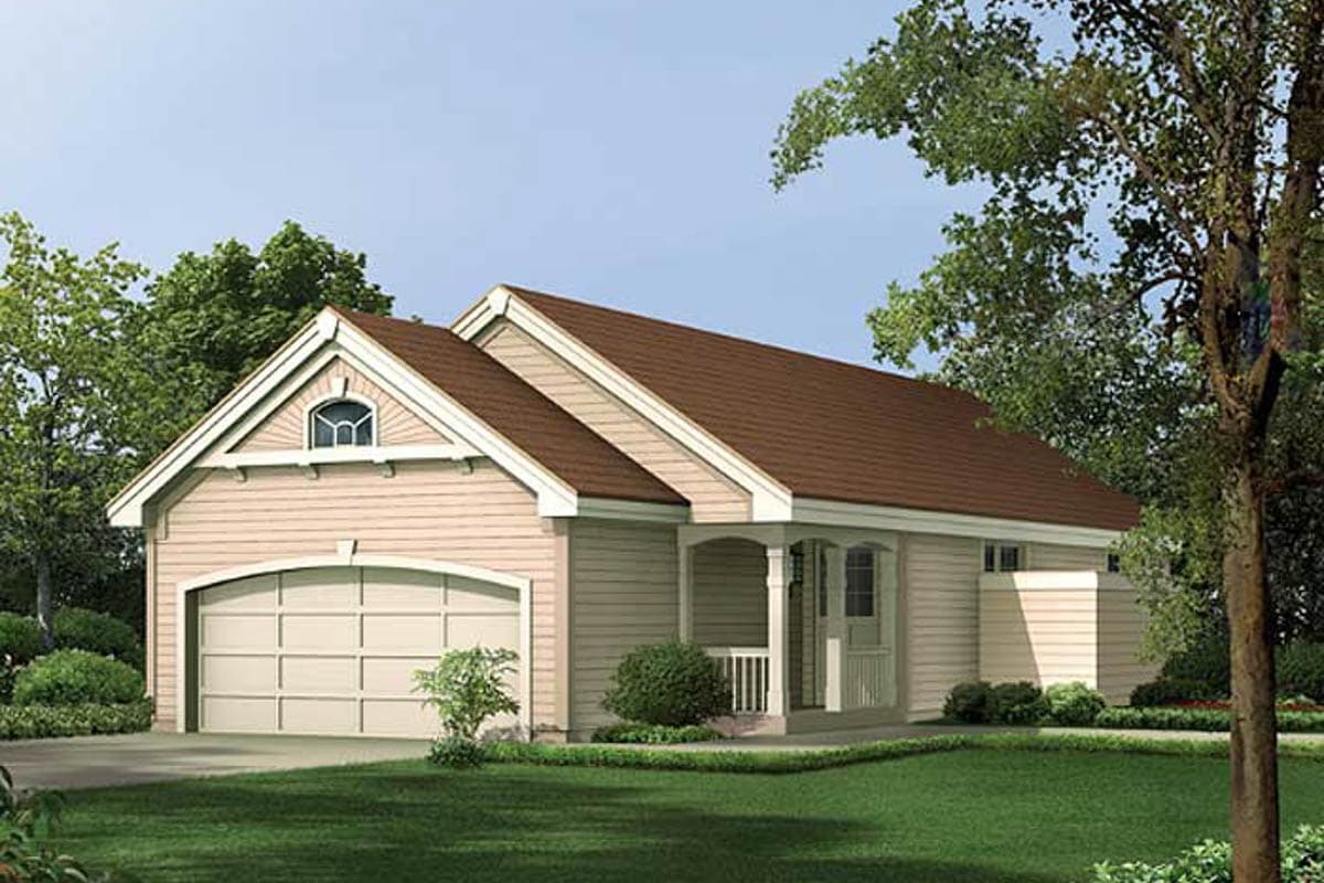House plan exterior: Ranch style, one story, with arched garage door, covered porch, and front gable with arched window.