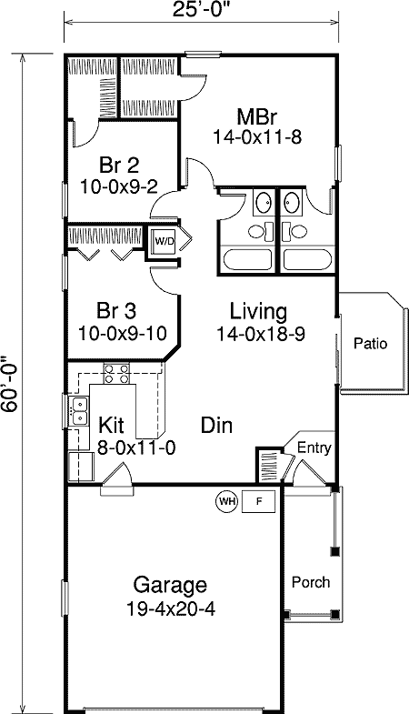 Plan 57036HA: Ideal Design for a Narrow Lot - 983 Sq Ft - Floor Plan - Main Level - Cottage, Ranch