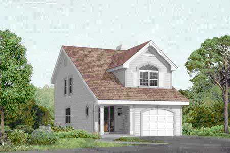 House plan exterior: Two-story home with a front-entry garage, covered porch with columns, arched dormer window, and gabled rooflines.