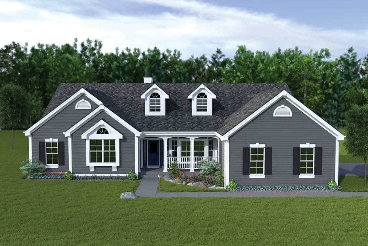 House plan exterior: One-story ranch with a covered front porch, dormers, arched gables, and a bay window.