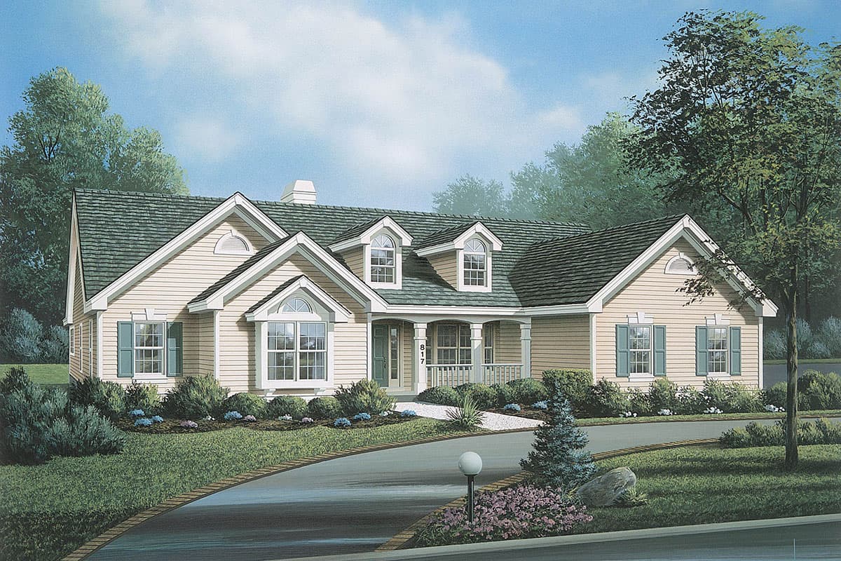 House plan exterior: Ranch style, one story, with prominent gables, dormers, a covered porch, and bay windows.