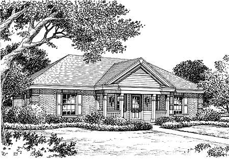 House plan exterior rendering of a one-story home with brick base, covered porch, gabled roof, and decorative gable vents.