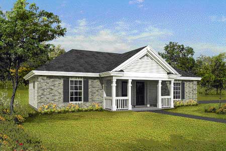 House plan exterior rendering of a one-story home with a covered front porch, gable, and brick siding.