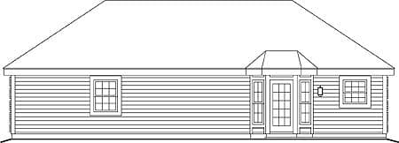 House plan exterior elevation showing a single-story structure with a hip roof, double doors, and two windows.