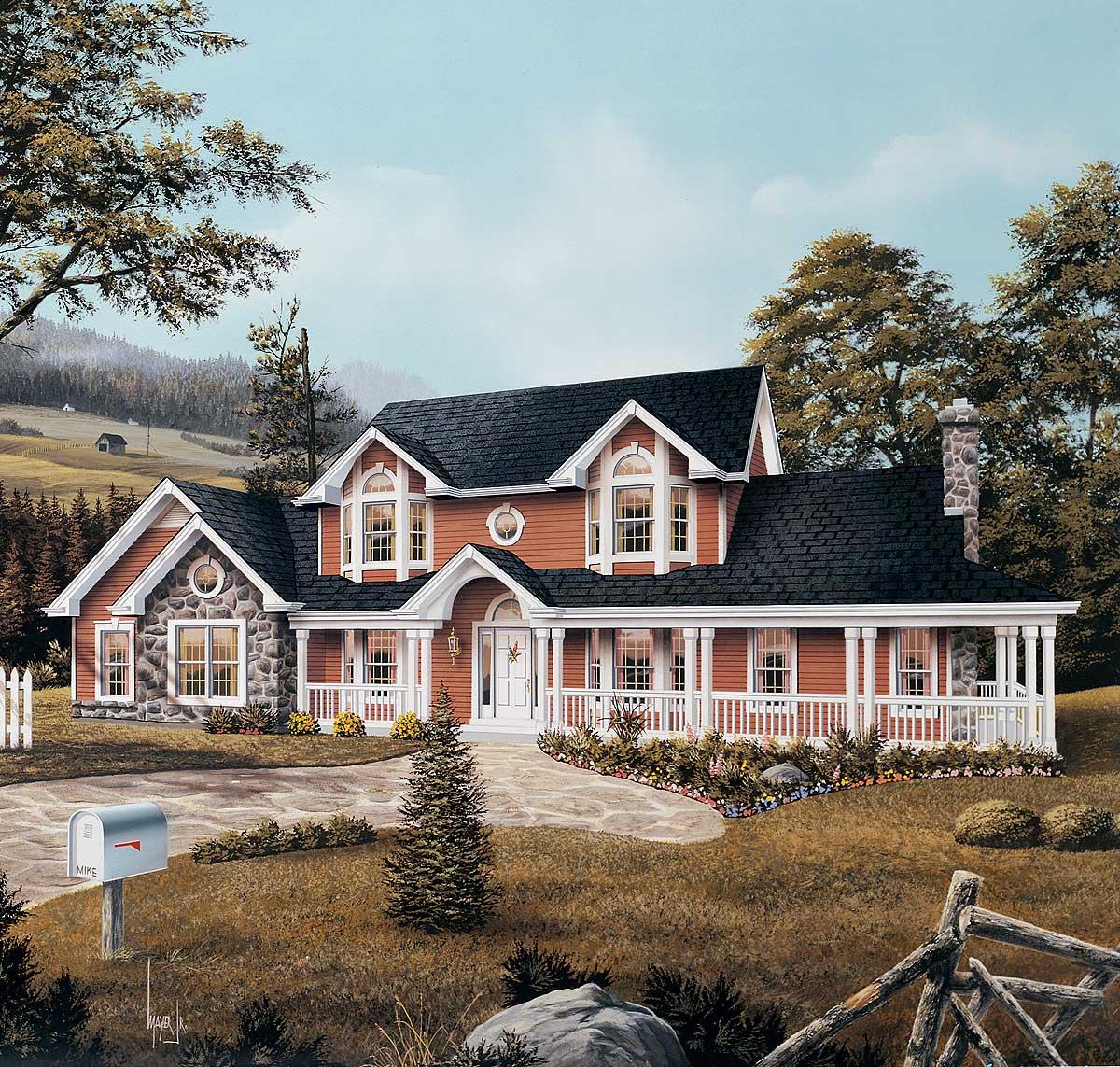 House plan exterior: Two-story house with stone accents, full-wrap porch, multiple gables, dormers, and a prominent chimney.