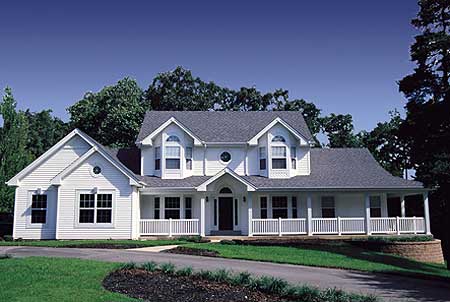Two-story house plan exterior with a wraparound porch, multiple gables, and a central dormer.