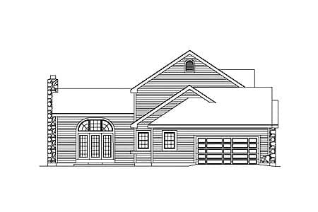 House plan exterior side view: stone chimney, arched double doors, gable dormer, and attached garage.